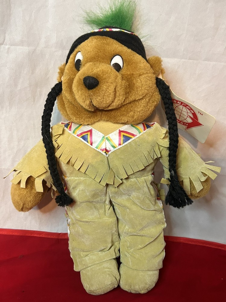 VTG Goffa Int Toy Indian Bear Plush Animal  13”Native American Green Feather