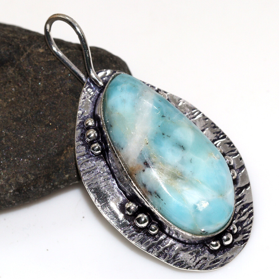 925 Silver Plated Larimar Ethnic Pendant Handmade Jewelry Size 2