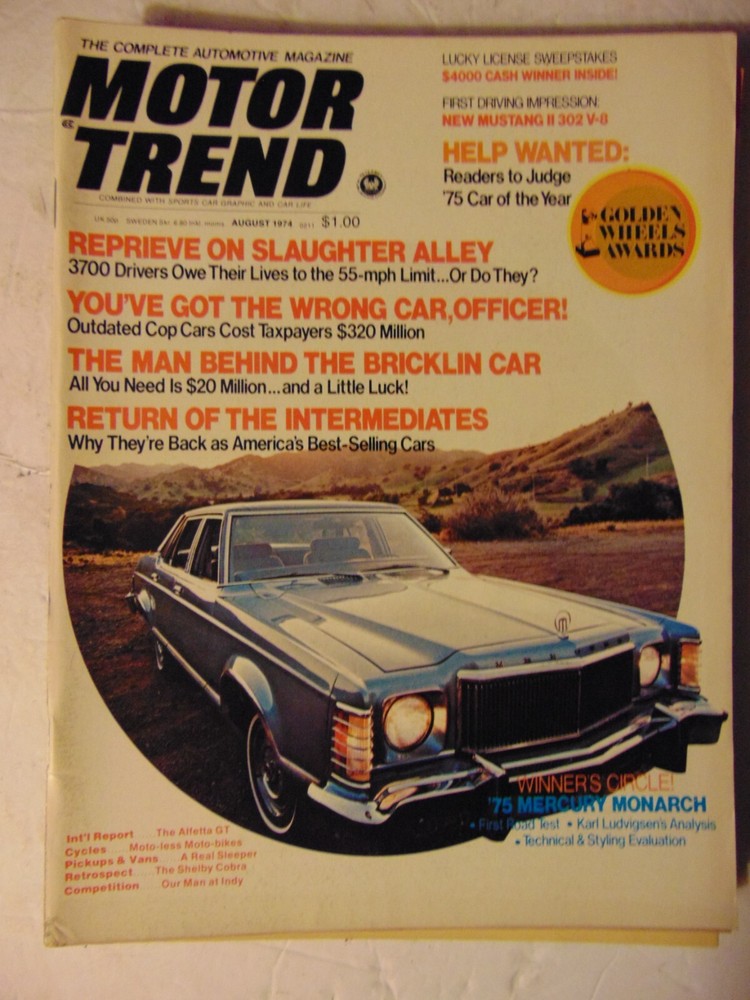 MOTOR TREND MAGAZINE August 1974 Mercury Monarch '75