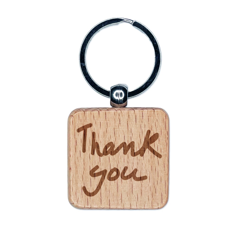 Thank You Handwritten Fun Text Engraved Wood Square Keychain Tag Charm