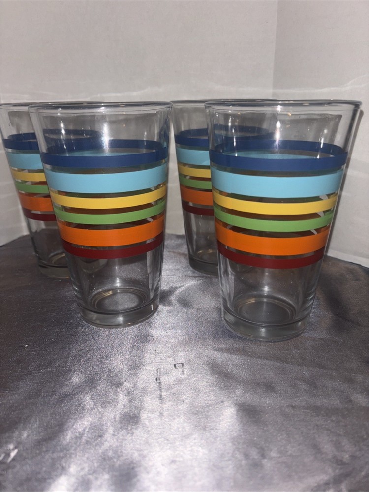 Vintage Libbey Fiesta Mambo Rainbow Striped Tumblers Set of 4