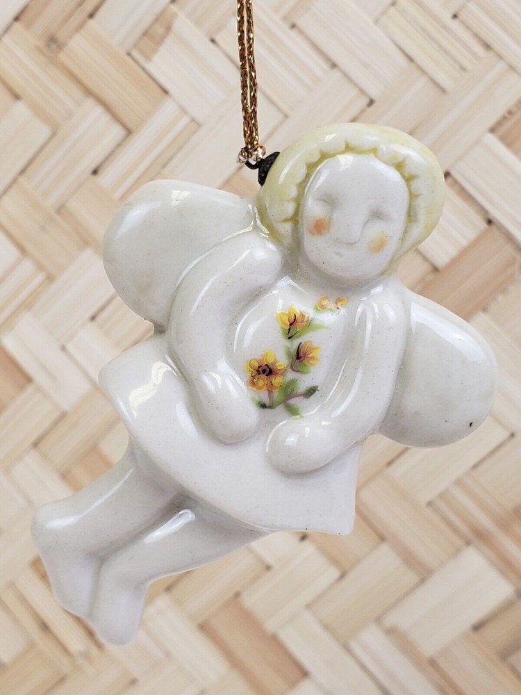 Vintage Sandra Pailet Hand-Painted Porcelain Christmas Angel Sunflower Ornament