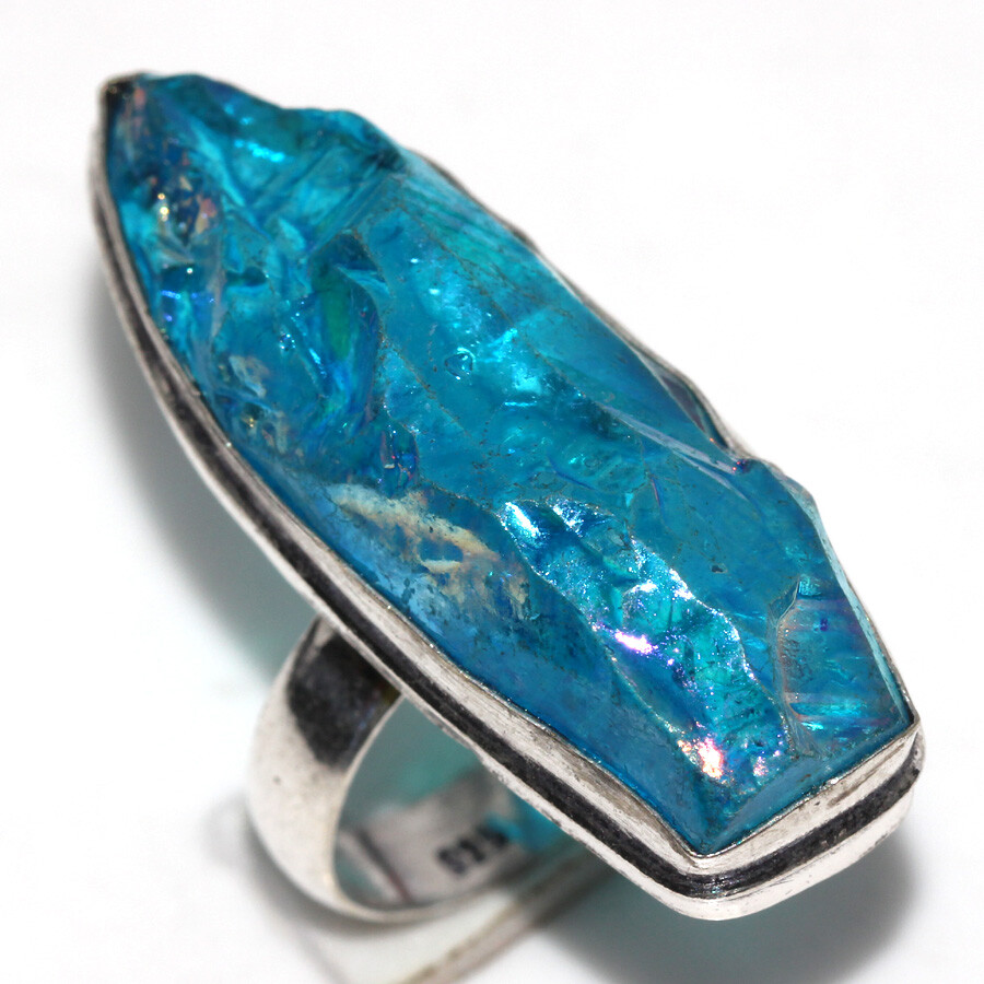 Blue Titanium Aura Quartz 925 Silver Plated Ring US 7 Superb Jewelry JW