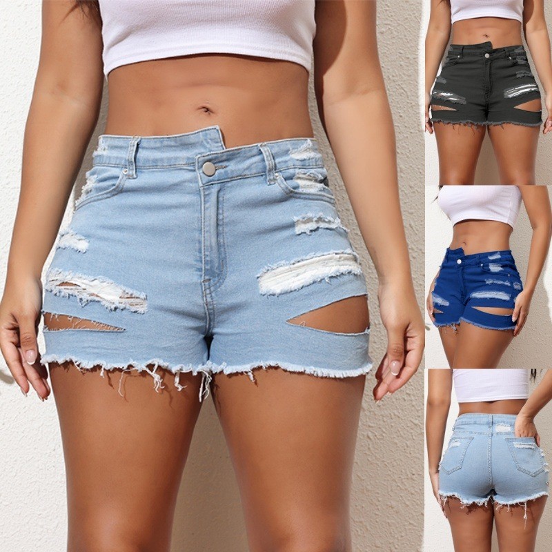 Women's Fashionable Ripped Jeans Short Wear Cut Up Stretchy Fringe Denim Shorts