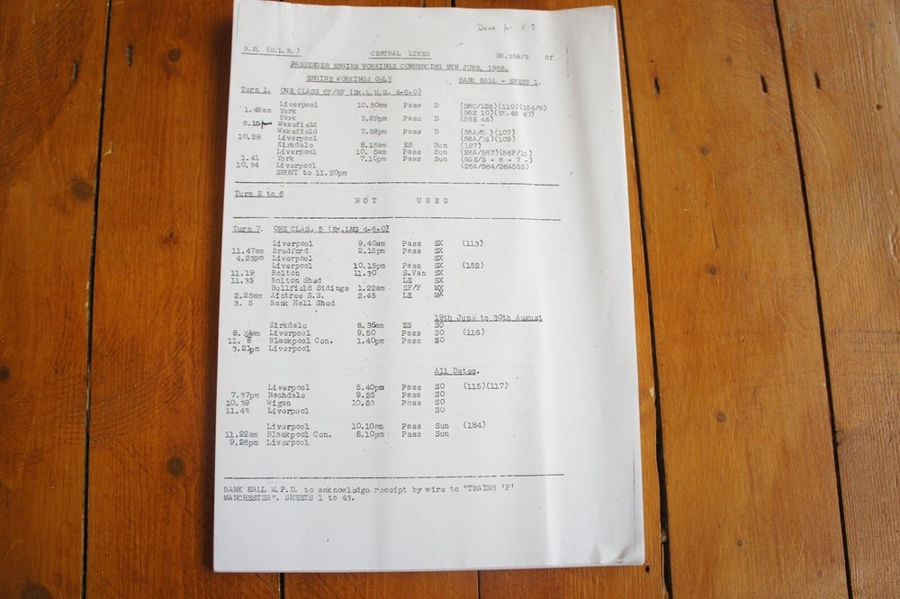 1958 Fascimilie Bank Hall Area Passenger Engine Workings Central Lines
