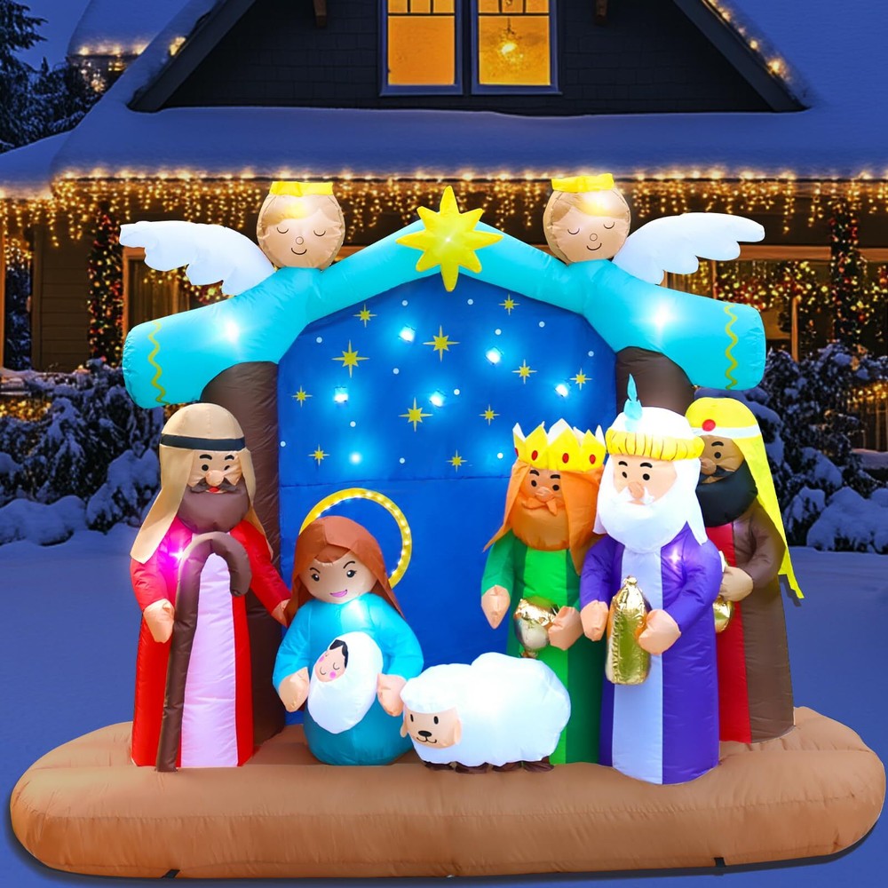 Inflatable Christmas Nativity Scene Decoration Featuring 17 LED Lights and Copper Stand for Holiday Outdoor Display