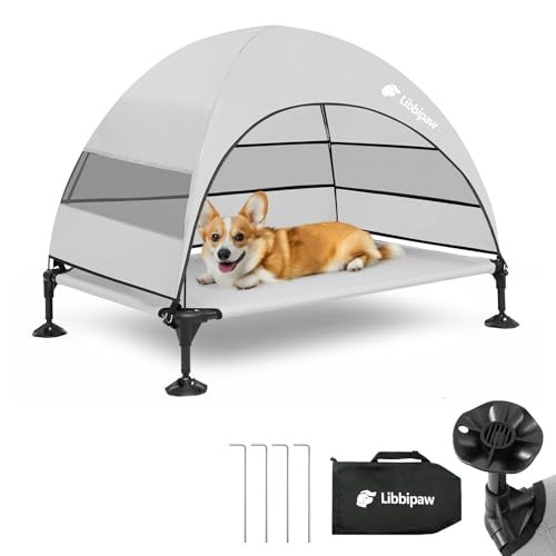 Windproof Elevated Dog Bed with Canopy Stakes 3-Sided UV Protection Large Grey Pet Cot