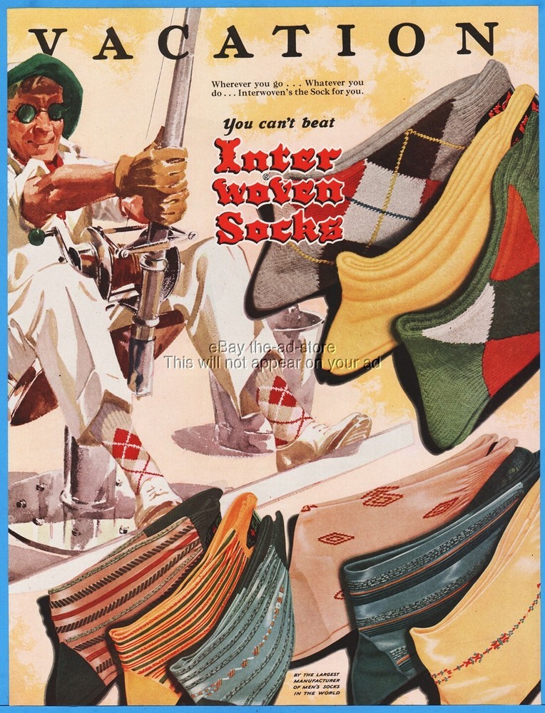 1951 Interwoven Mens Socks Deep Sea Fishing Vacation Theme GREAT ART Ad