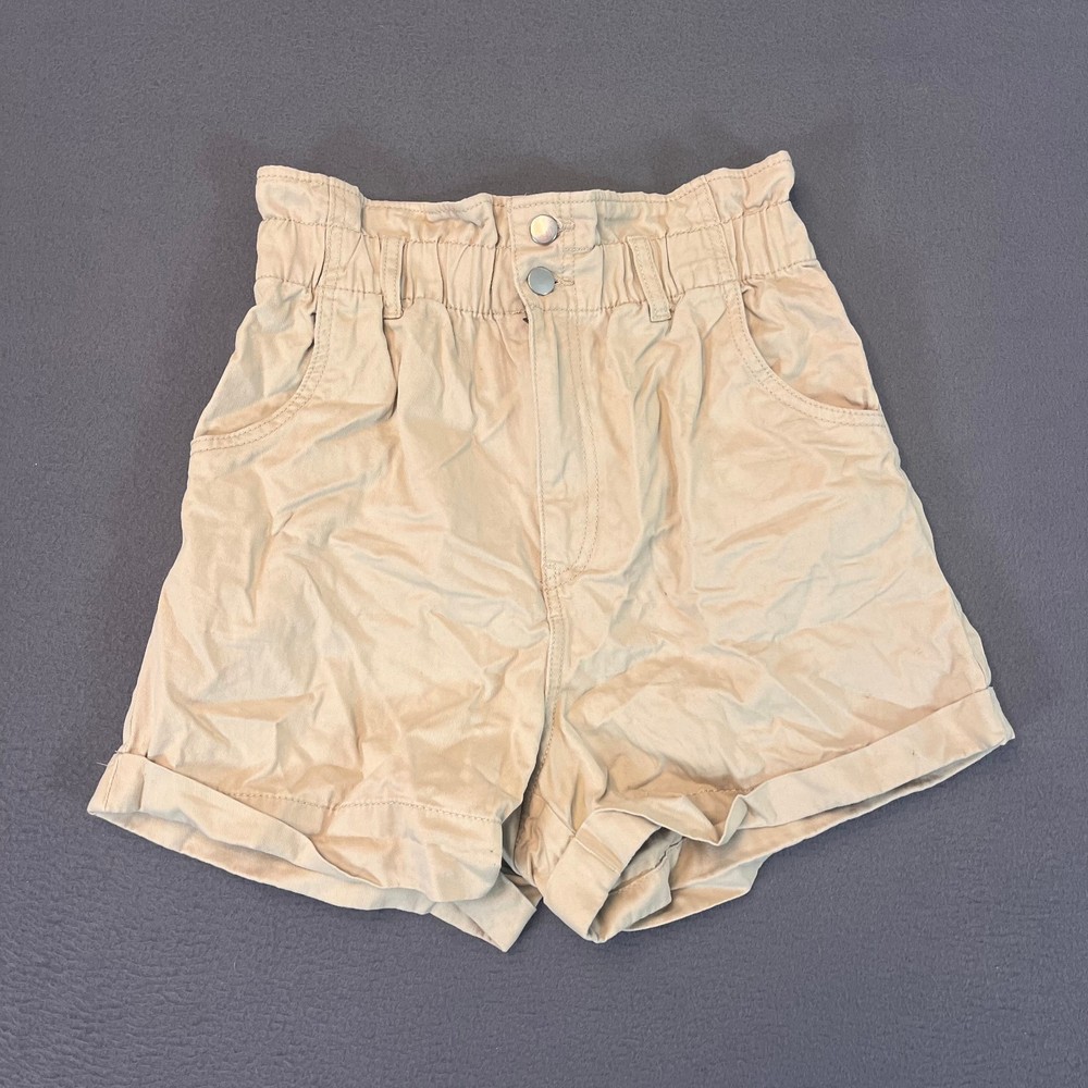 H&M Khaki Paper Bag Waist Shorts Womens Sz 6 Cuff Casual Summer 2 Button Cotton