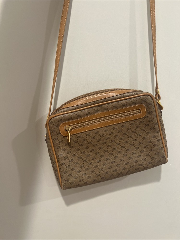 GUCCI Brown Diagonal Shoulder Bag with Micro GG Pattern and Fastener Pockets