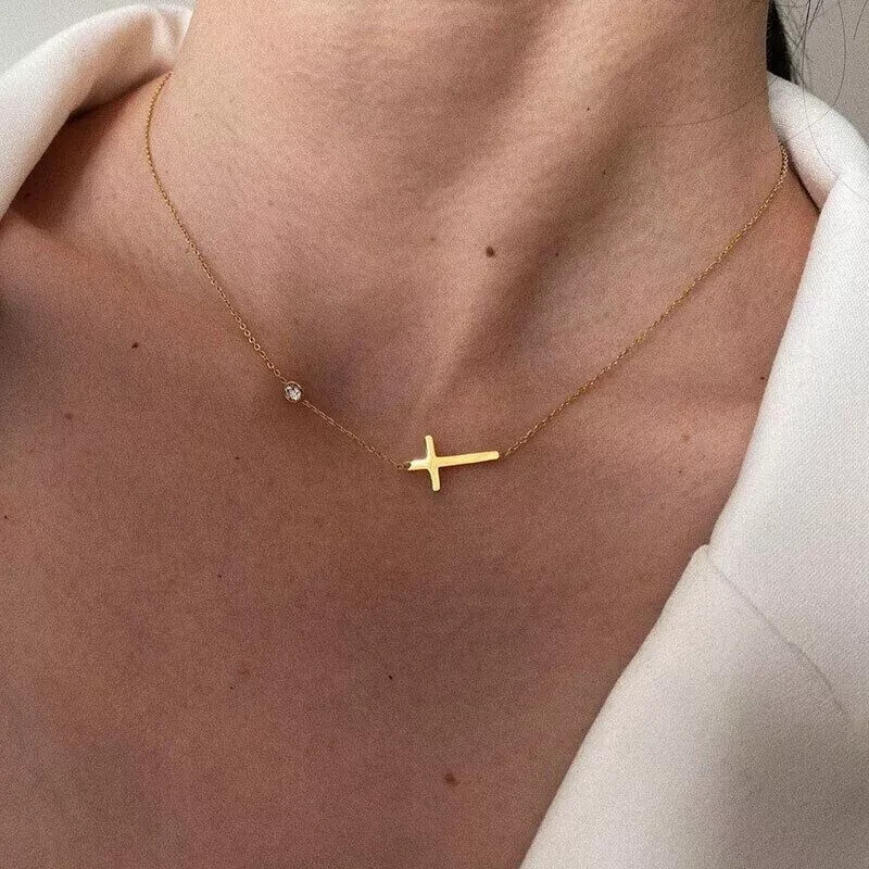 18K Gold Plated Cross CZ Charm Chain Necklace for Women