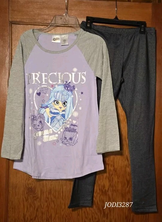 NWT Shopkins Pajamas Girls Size 10-12 LG Shirt Pants Set Purple Gemma Stone