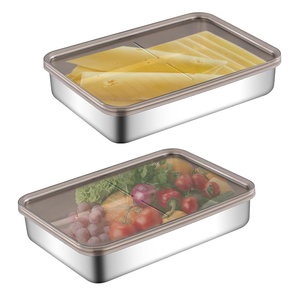 2-Piece Stainless Steel Cheese & Bacon Storage Containers with Lids for Fridge