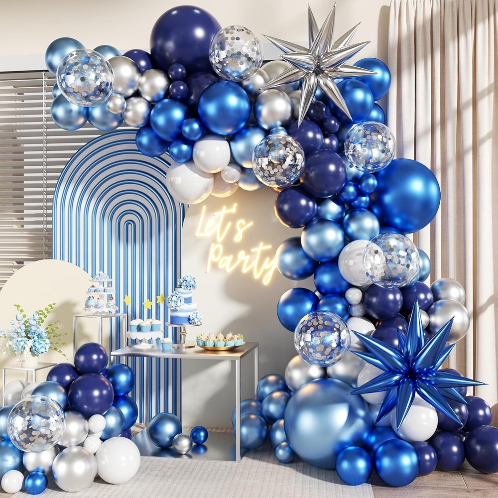 Blue White Silver Balloon Garland Arch Kit, 140Pcs Navy Light Metallic Blue Silv