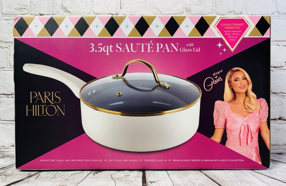 Paris Hilton 3.5 Quart Aluminum Saute Pan With Glass Lid Induction Bottom New