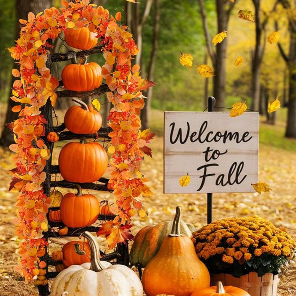 2 Pack Faux Fall Garland with Eucalyptus and Orange Leaves