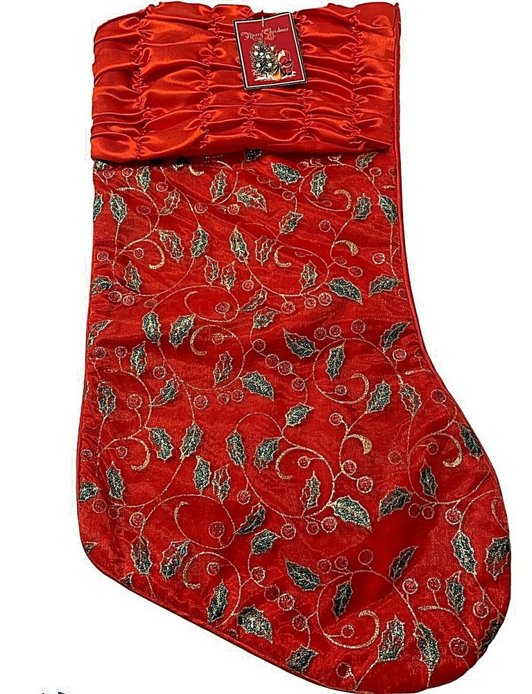 Sparkly Red & Green Taffeta Christmas Stocking with Gathered Top and Tag