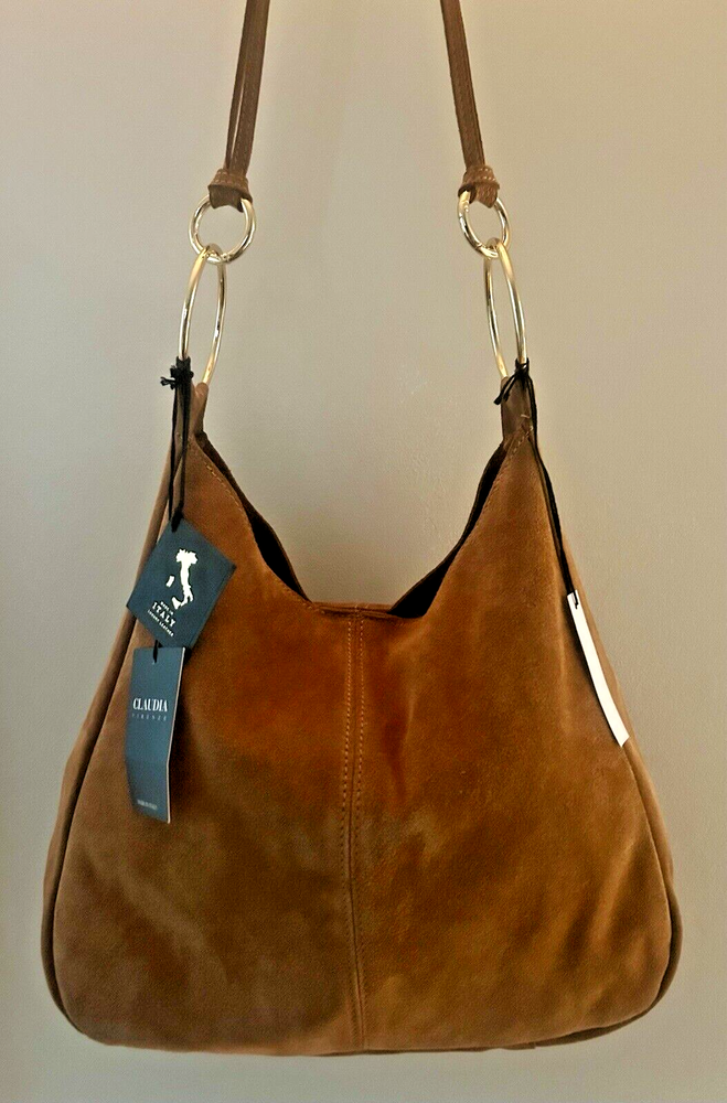 NWT Claudia Firenze Brown Suede Crossbody Shoulder Bag GOLD RINGS Purse