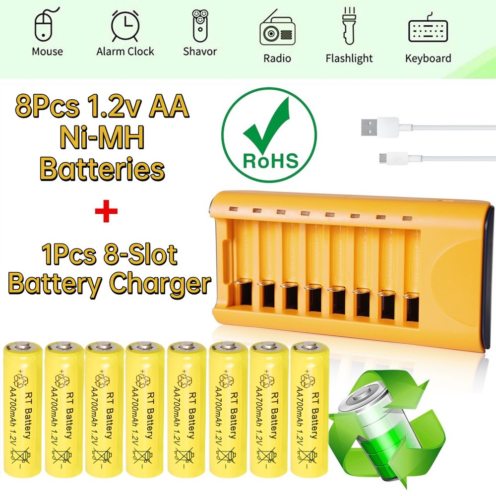 8Pcs 1.2V Ni-MH AA Rechargeable Batteries with 8-Slot USB Smart Charger for AA AAA