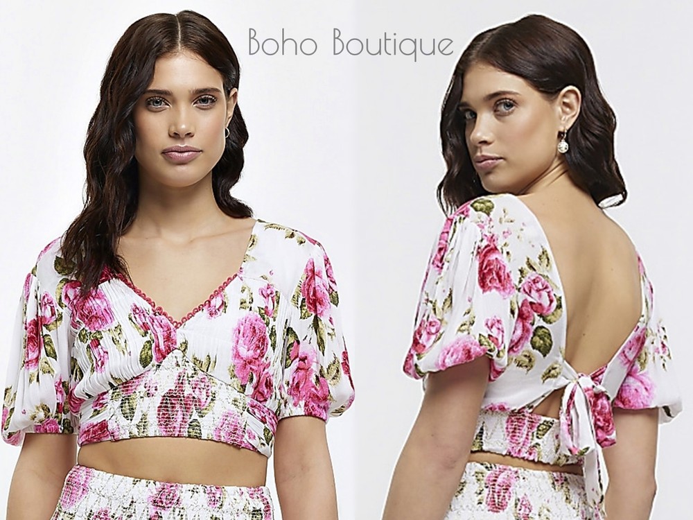 New RIVER ISLAND Crop Top Boho Gypsy Pink White Floral Size S 8/10 Holidays