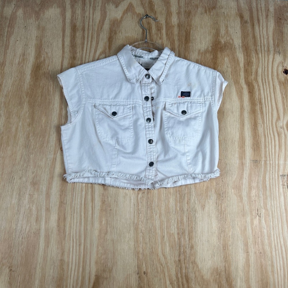 Y2K Harley Davidson Button Up Denim Collared Women's Cropped Top Size M White