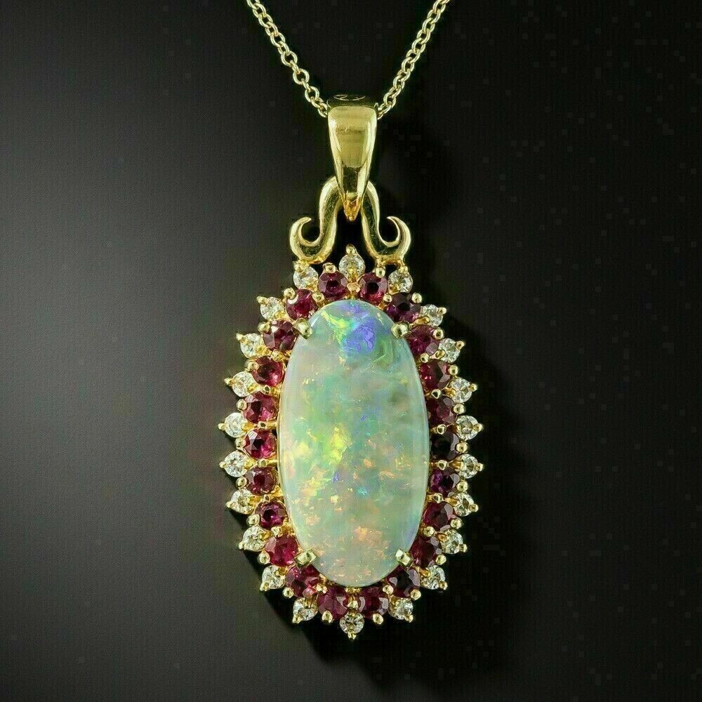 3Ct Oval Fire Lab Opal & Red Ruby Halo Pendant in 14K Yellow Gold