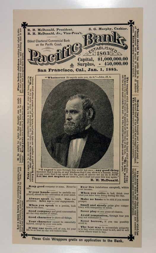 San Francisco, CA. 1885. Pacific Bank Coin Wrapper w/Advert & Vignette, XF