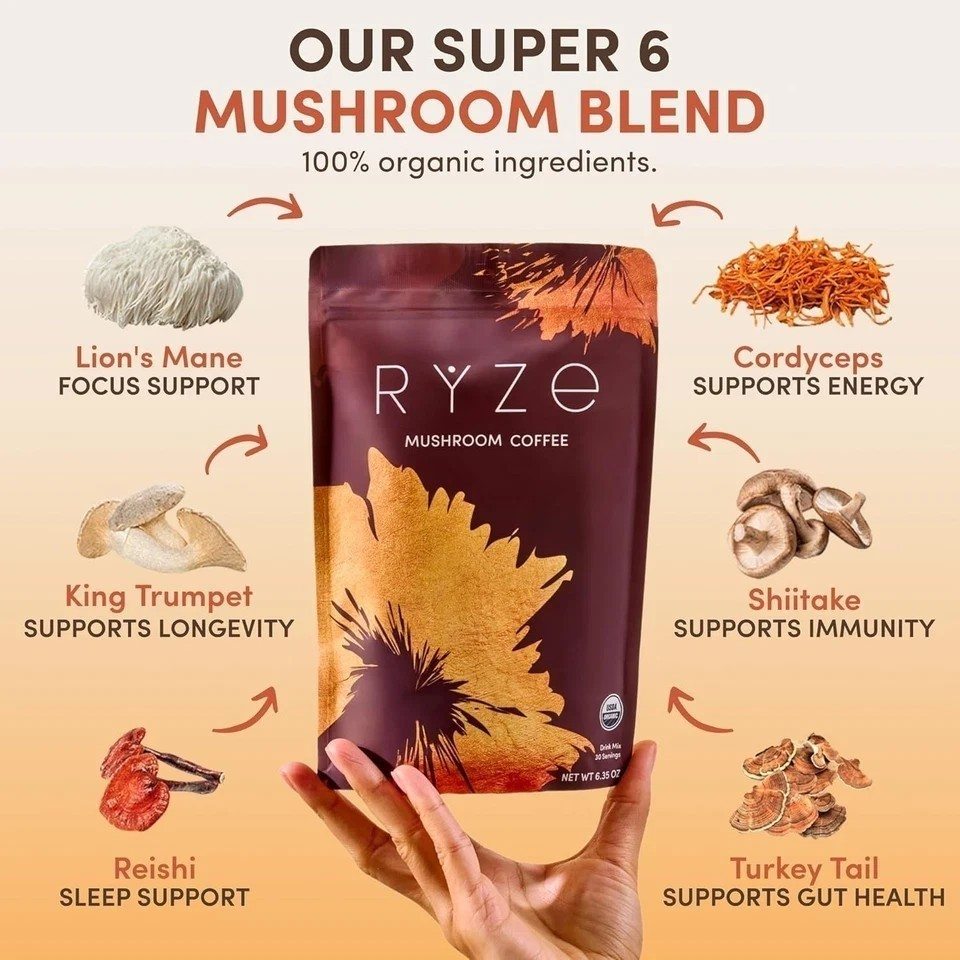 2026 RYZE Mushroom Coffee USDA Organic with 6 Adaptogenic Mushrooms 30 servings