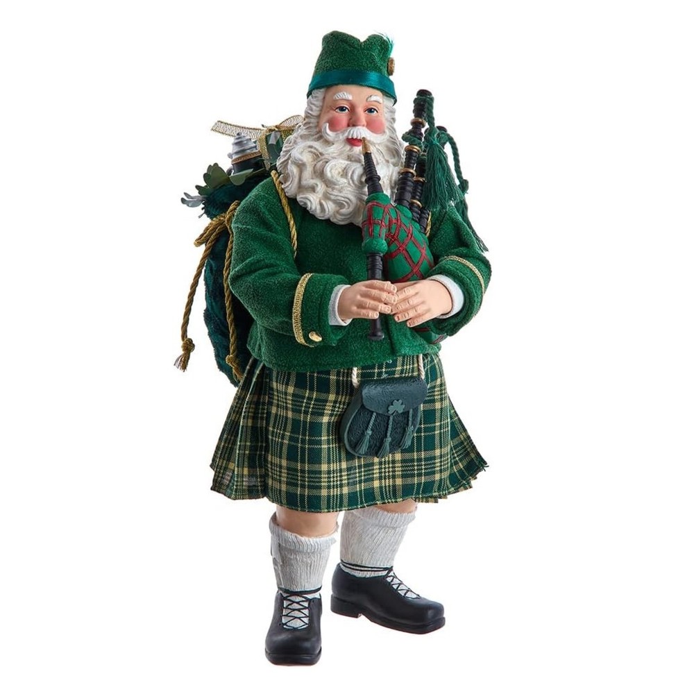 Kurt Adler Fabriche Christmas Figurine, Musical Irish Bagpiper Santa, 10.5in