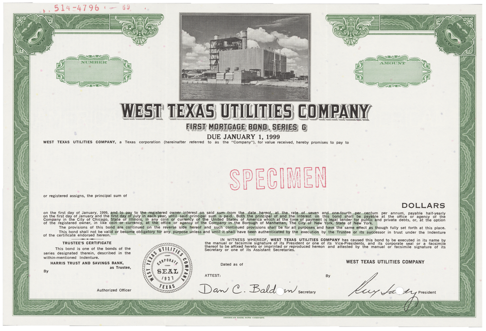 West Texas Utilities Company. Stock Certificate.