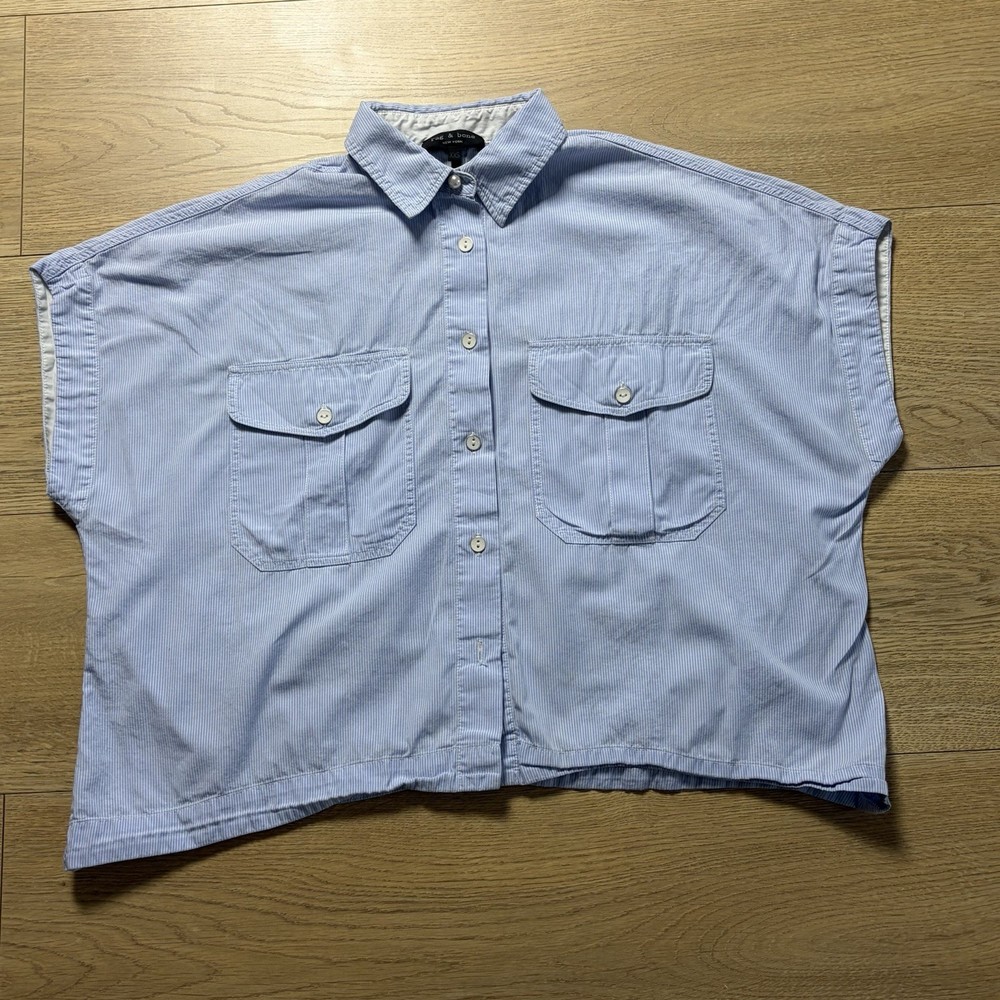 Rag & Bone Women Cropped Collared Button Up Short Sleeve Blue Striped Top XXS