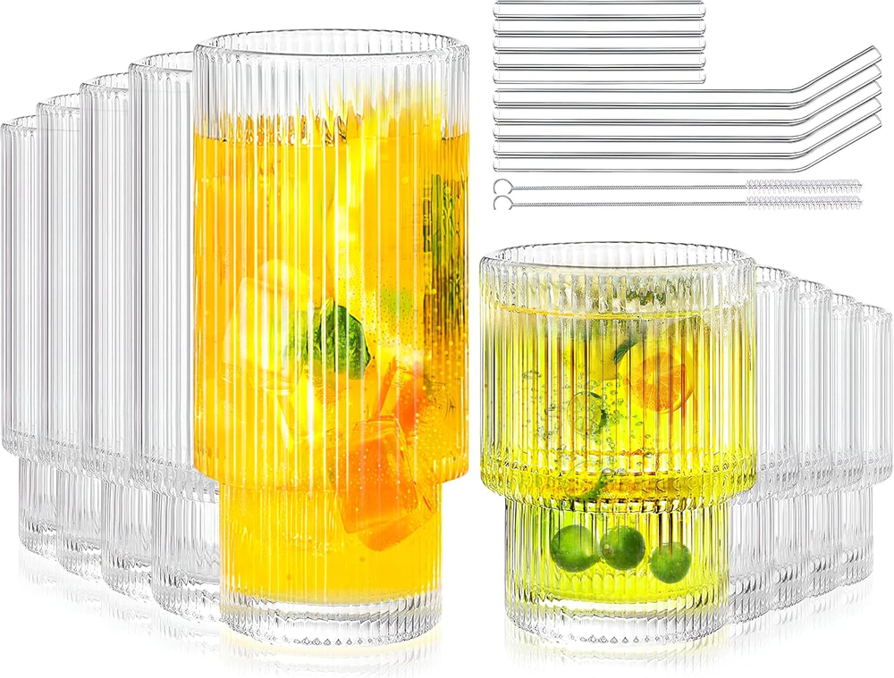 Drinking Glasses Set of 10- 5 Highball Glasses & 5 Small Water Glasses, Ribbe...