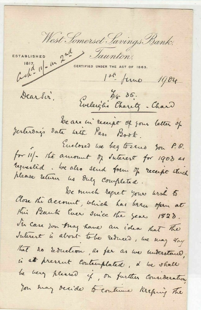 West Somerset Savings Bank Taunton 1904 Re Account Closure Letter Ref 35621