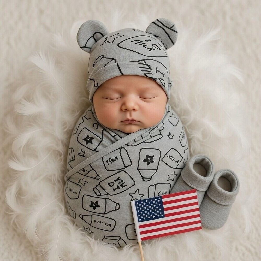 Baby Blanket Hat Set | Printed Cotton Newborn | Swaddle Adjustable for Infant