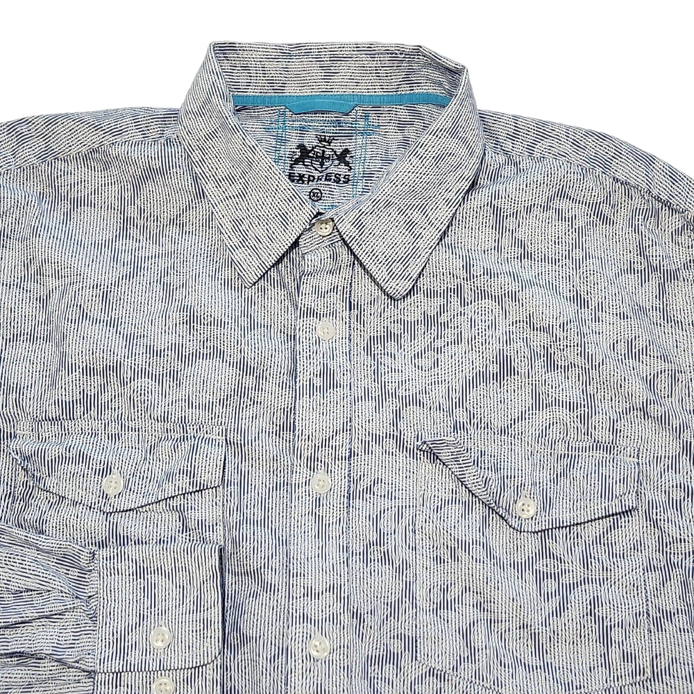 Express Mens XL Shirt Long Sleeve Button Down Cotton Blue/White Stripe Floral