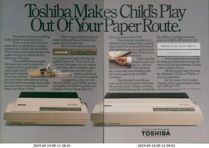 1987 Toshiba Printers P321SL P341SL Childs Play Out of Your Paper Route Ad PC2