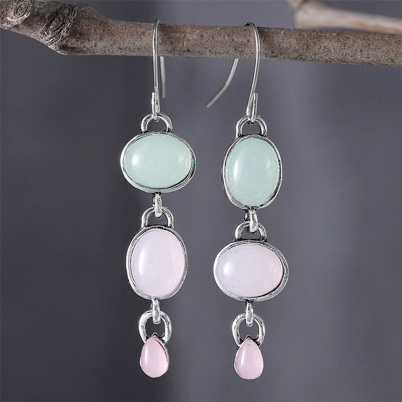 Vintage Oval Pink Green Cat's Eye Stone Earrings Geometric Asymmetrical Earrings