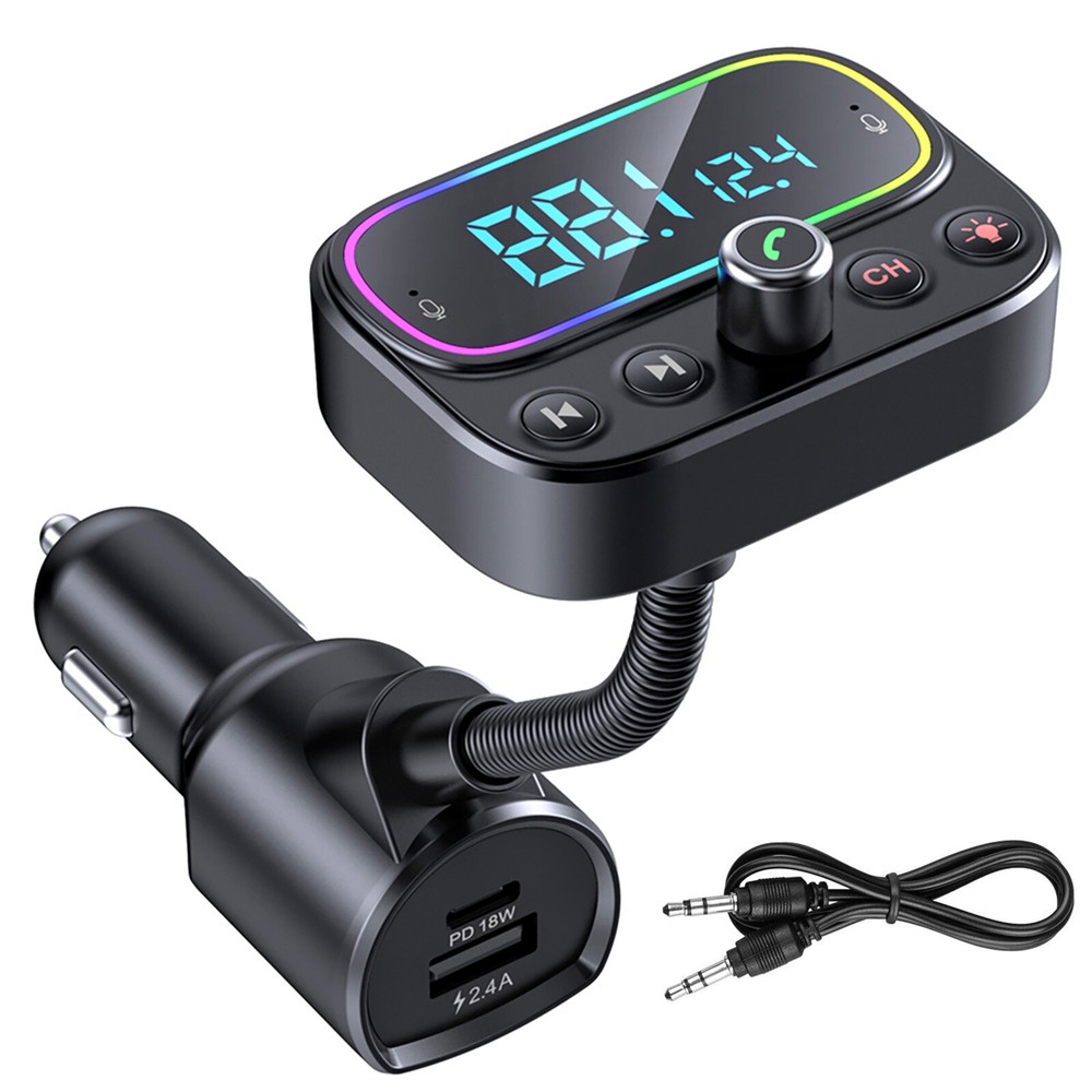 Bluetooth 5.0 FM Transmitter with PD 18W Fast Charge 3 USB Ports and AUX for Hands-Free Car Use  