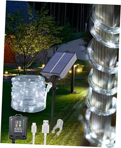 Solar Christmas Lights Outdoor 66 Feet 200 LED Solar Rope Lights with USB White