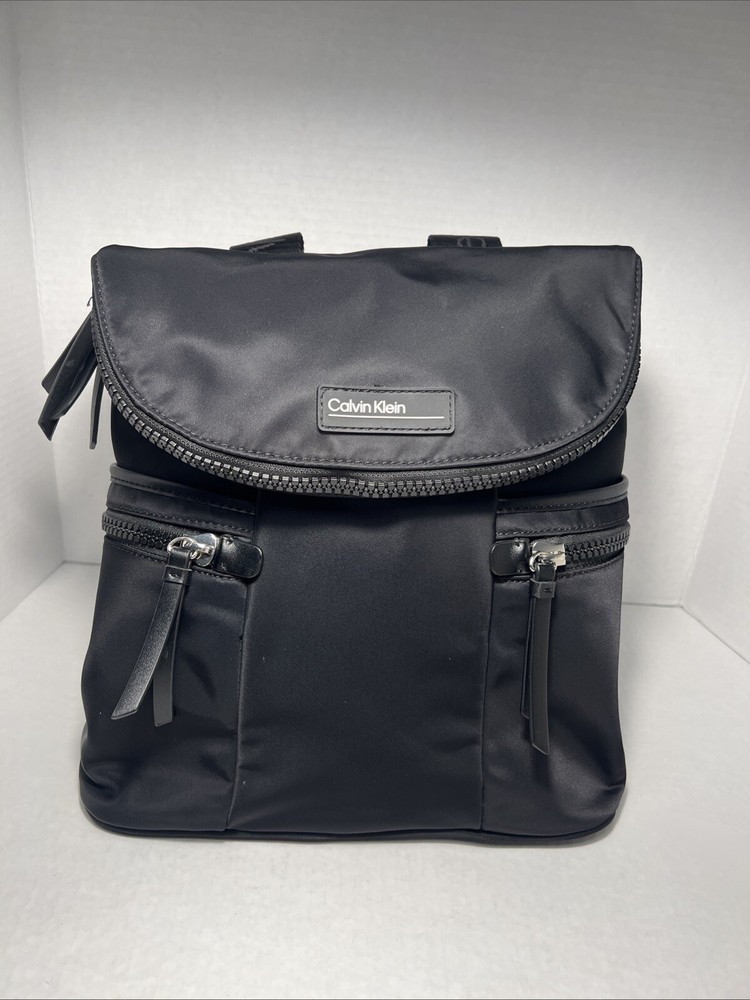 Calvin Klein Shine Black Nylon Flap Over Backpack Dual Compartment EUC