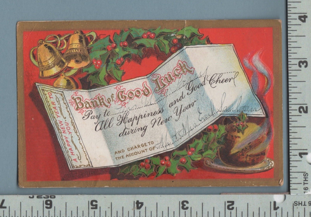 Bank of Good Luck New Year PC by A L Perry Manchester NH Earl Sanborn-image