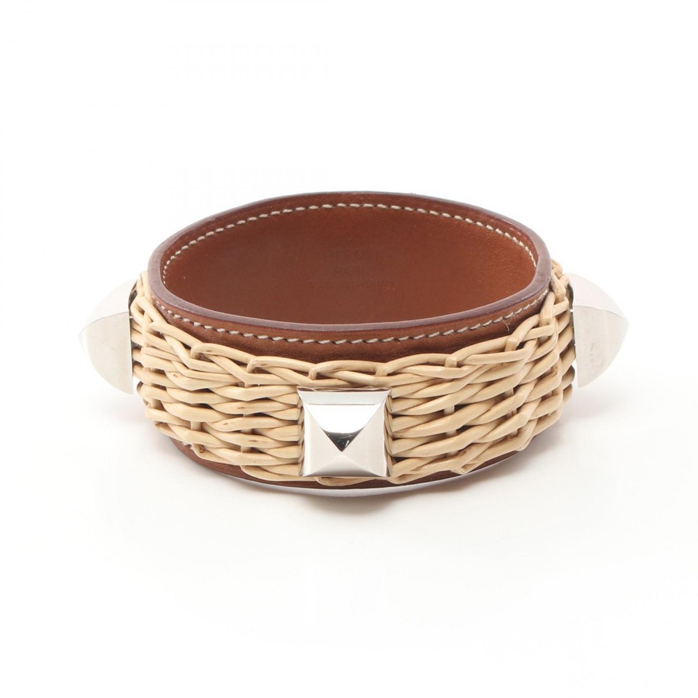 HERMES Medor Bangle in Barenia Leather Beige Brown with Gold Hardware Pre-Owned