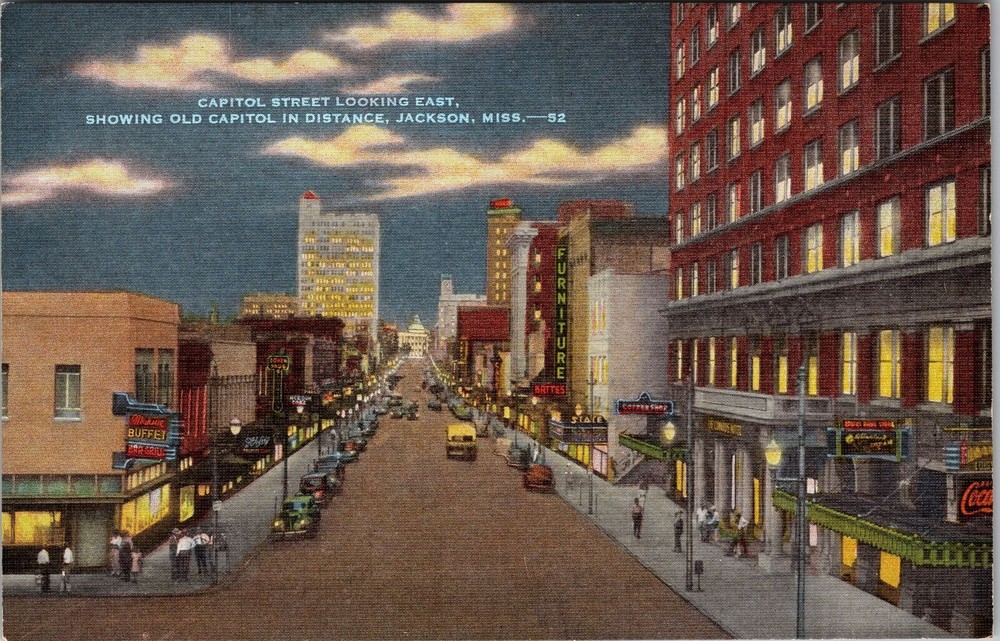 Jackson MS-Mississippi Capitol Street Shops Theater Period Cars Vintage Postcard