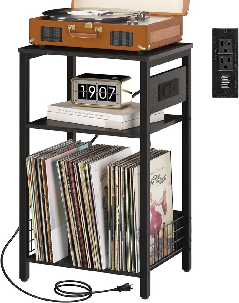 Yoobure 3-Tier Record Player Stand with Charging Station in Black