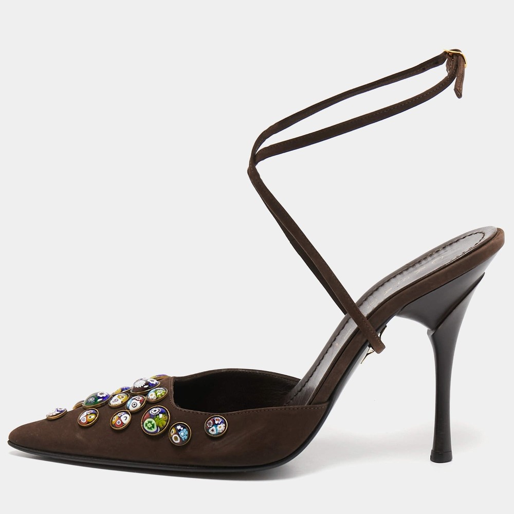 Casadei Dark Brown Nubuck Leather Pointed Toe Ankle Wrap Sandals Size 38