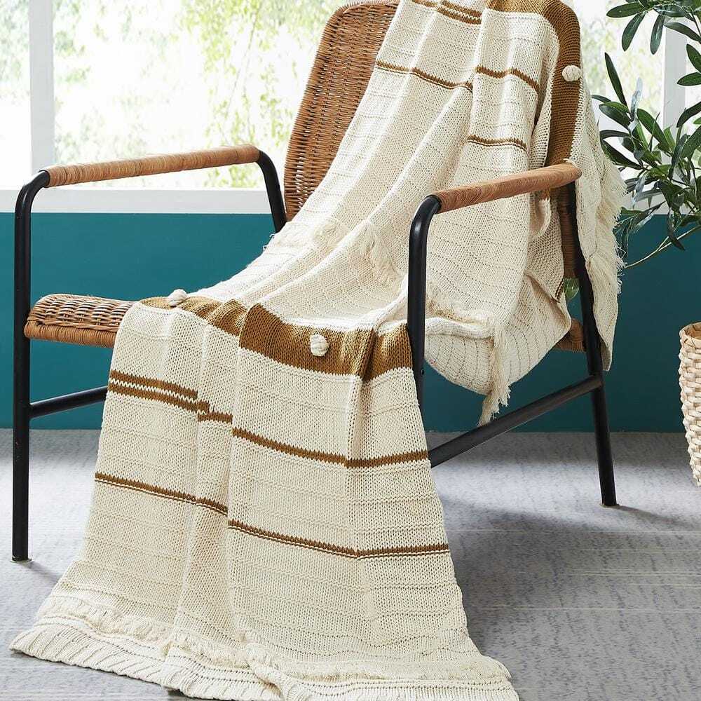 Tarek Ivory / Gold Cotton Knit Throw Blanket
