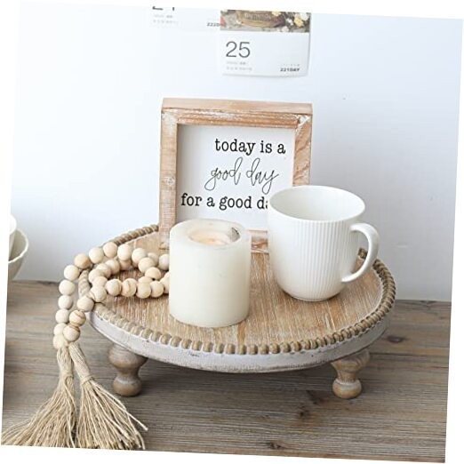 Rustic Round Wood Tray Riser Farmhouse Pedestal Stand with Beaded Burlywood Finish  