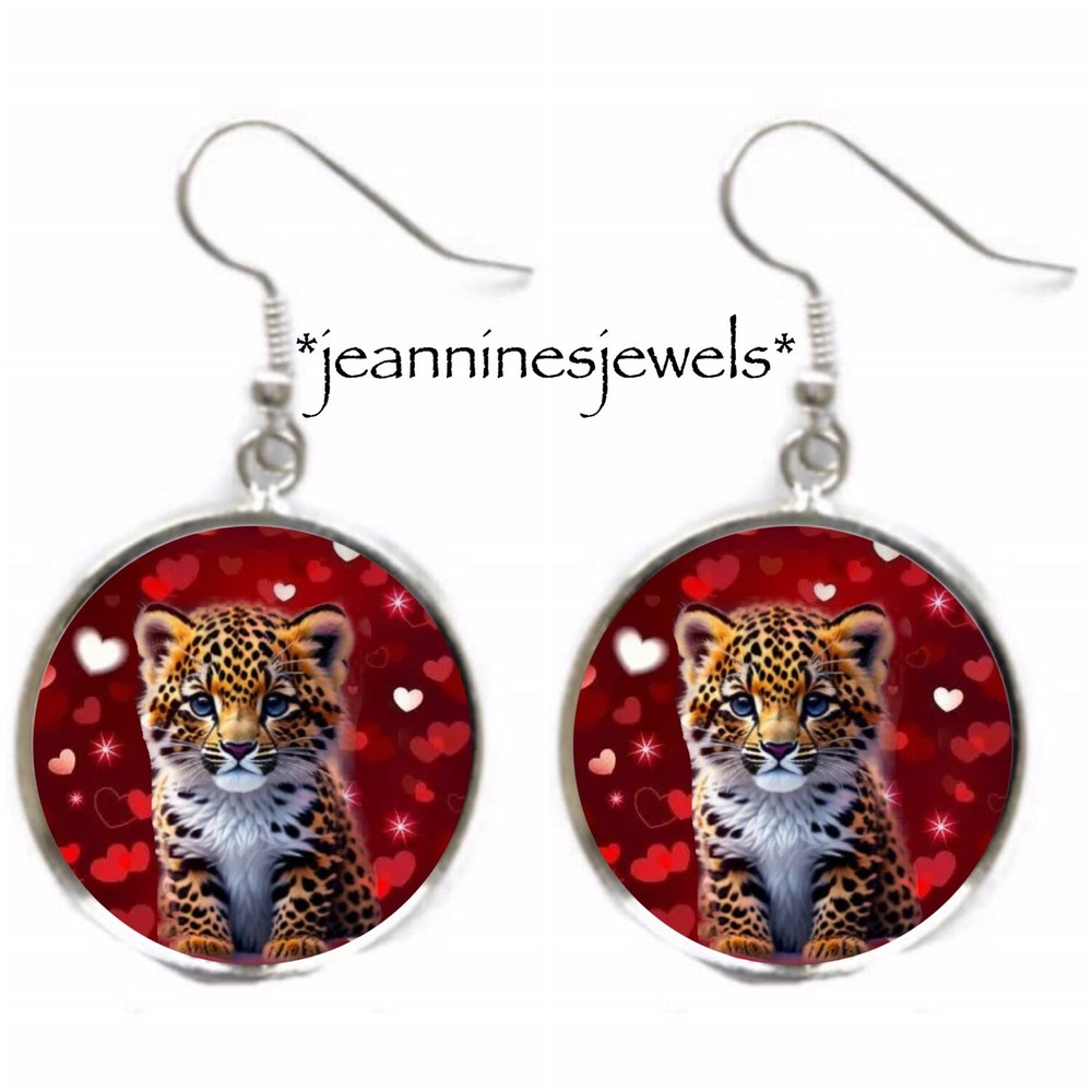 Valentine Leopard EARRINGS Red Hearts Silver Charm Dangle Valentines Day Gift