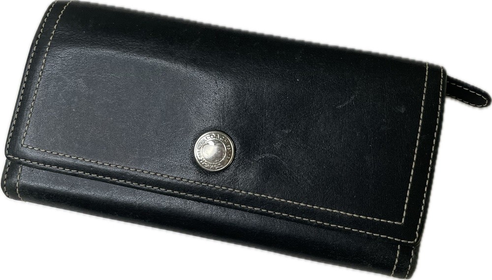 Vintage Coach Black Leather Bifold Wallet Clutch Button Snap