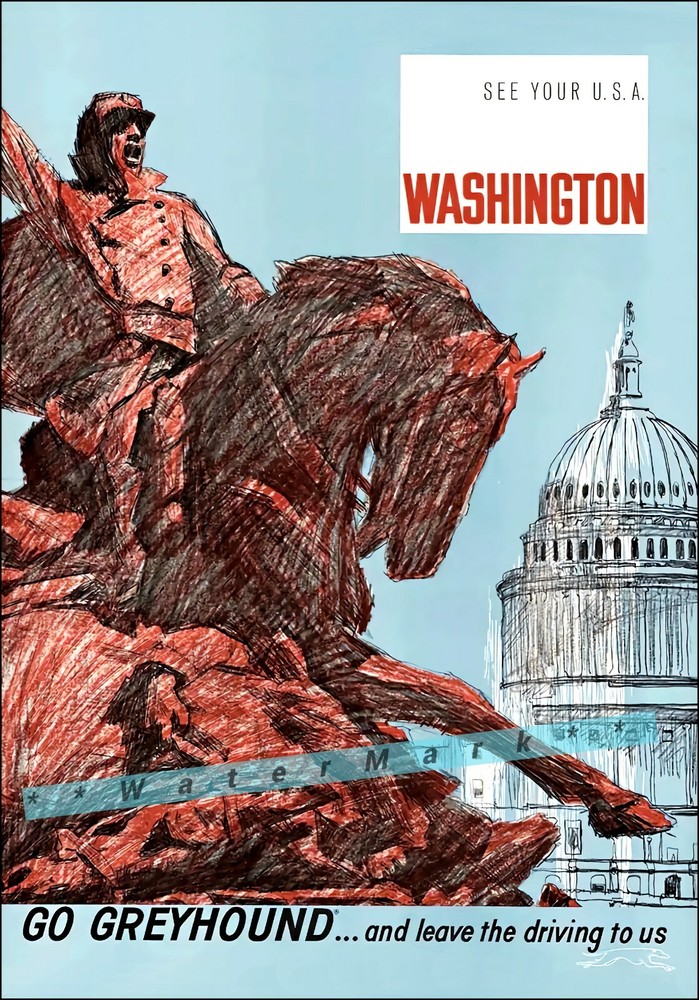 1960s Go Greyhound Vintage Travel Poster Washington DC Retro Decor